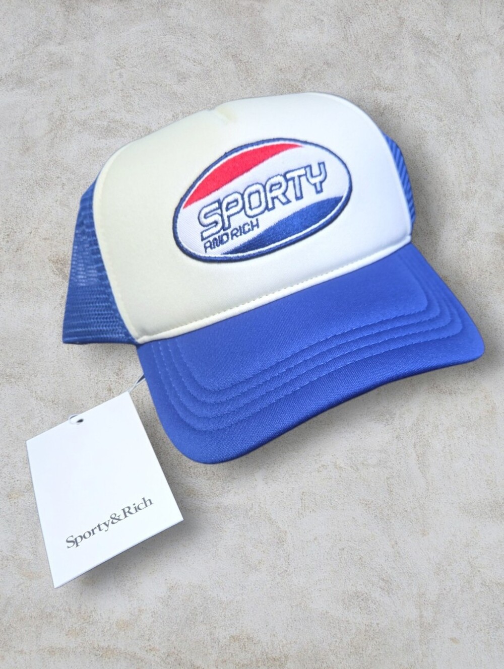 🧢 Sporty & Rich Britney Trucker Hat Blue White Red Sun Hat Luxury NWT